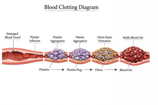 Blood Clotting Process Diagram Showing Platelet Aggregation and Fibrin Mesh Formation