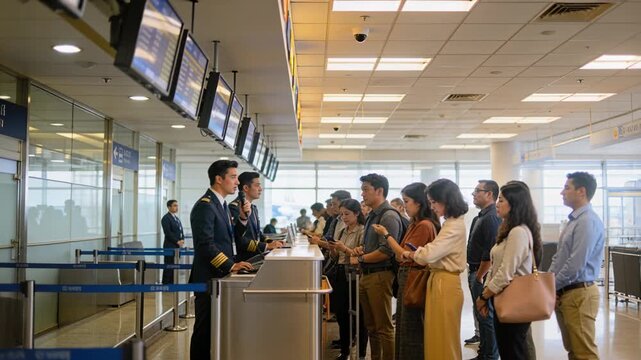 Calling crew wearing navy uniform using mic and terminal to board passengers at gate, copy space