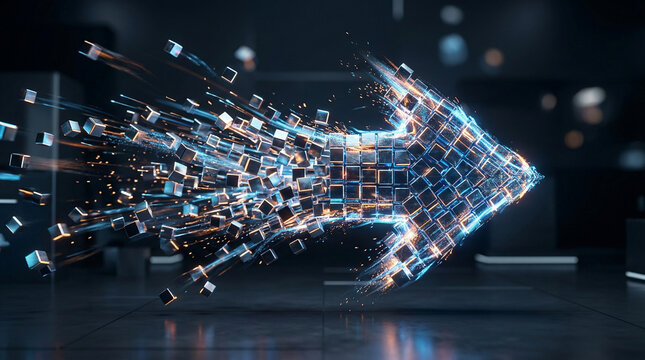 A futuristic arrow composed of glowing blue cubes and light particles breaks apart and reforms, symbolizing data transformation and digital reconstruction.