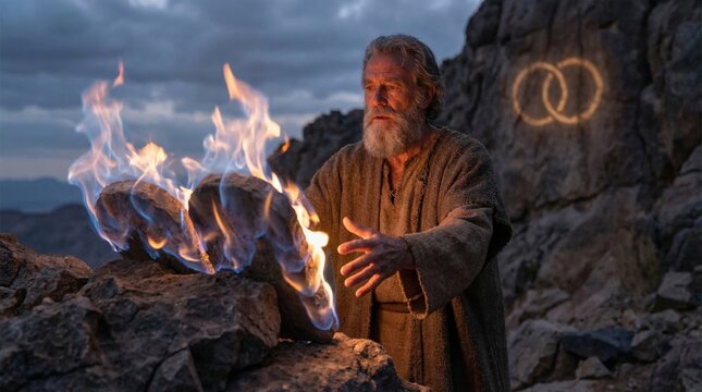 Moses receiving the Ten Commandments on stone tablets with burning flames. Biblical man in desert terrain. Ancient religious prophet communicating with God. Spiritual enlightenment concept.
