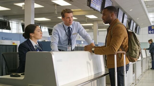 Approaching traveler with suitcase and backpack, receiving directions at check-in, copy space