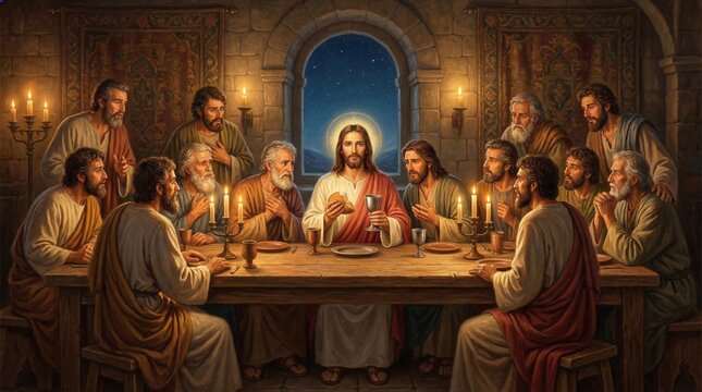 Jesus with apostle at the Last Supper dining around table indoors. Biblical scene of Eucharist ritual. Divine light and spiritual gathering in ancient room. Christianity religious art.