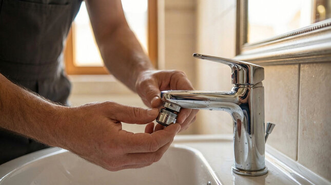 Plumber hands repairing faucet aerator in bathroom sink