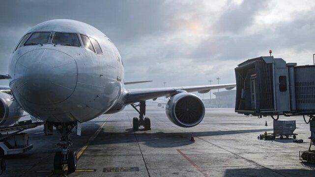 Sitting narrow-body jet at airport gate, jet bridge and ground service waiting with sun breaking