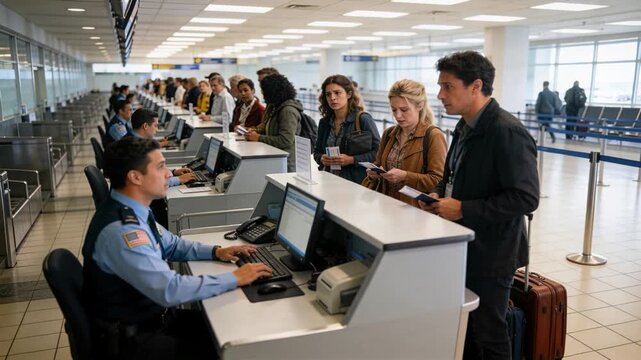 Leaning man speaking, uniformed officer typing at check-in counter with passports and carry-on