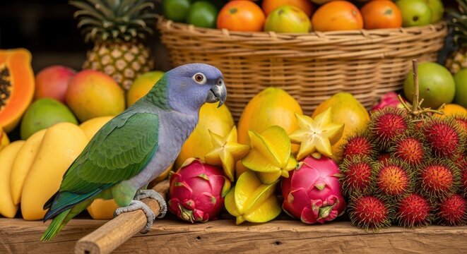 A vivid Pionus parrot examines a diverse array of exotic tropical fruits, showcasing vibrant colors and textures.