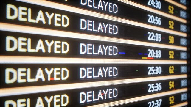 Starting camera panning right showing digital flight display at airport, repeating DELAYED statuses