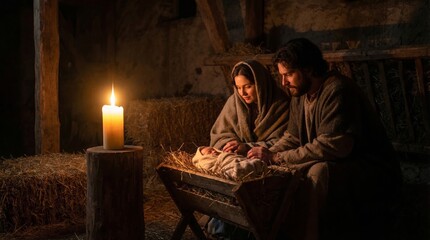 Obraz premium Woman and man with baby Jesus in manger. Nativity scene with holy family in stable. Religious celebration of Christmas during night. Faith and spirituality concept, biblical history.