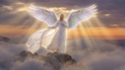 Naklejka premium Woman angel with large white wings standing on the top of a mountain above clouds. Religious figure in divine light. Concept of heaven and hope. Christian spiritual peace and afterlife.