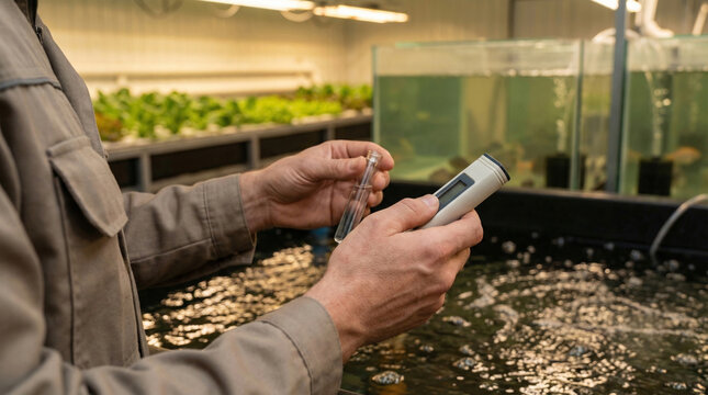 Worker testing water quality in indoor aquaponics farm