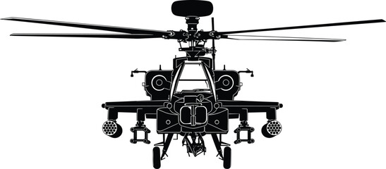 Military attack helicopter front view silhouette illustration, combat aircraft artwork, defense technology design concept, black and white vector template set © MDMORSALIN