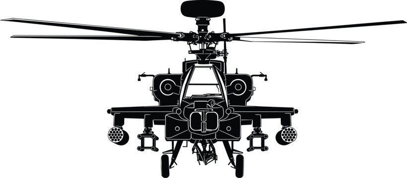 Military attack helicopter front view silhouette illustration, combat aircraft artwork, defense technology design concept, black and white vector template set