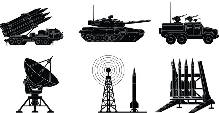 Military and communication equipment silhouette illustration, defense technology artwork, surveillance design concept, black and white vector template collection set