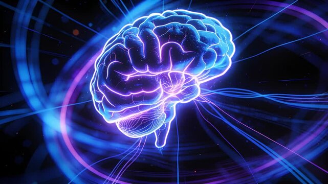 Rotating holographic brain reacting to orbiting neon rings in dark spacelike void pulsing pathways