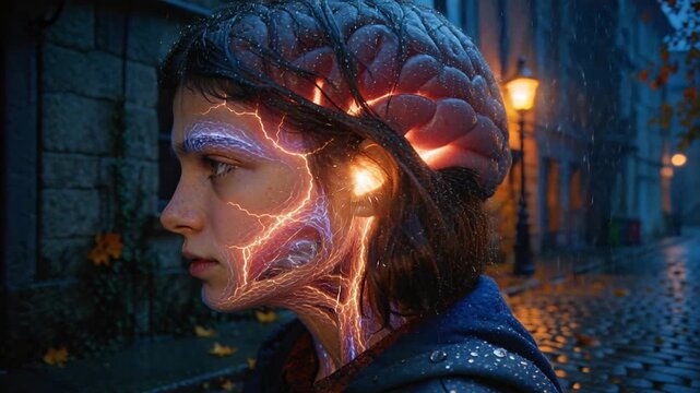 Standing wet hair teen in hooded jacket watching rain on cobbles, spark striking ear, veins glowing