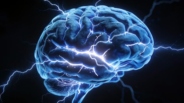 Pulsing 3D brain sending neon arcs in dark studio, glowing fissures driven by rising neural pulses