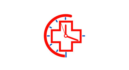 Obraz premium Urgent medical care icon with red cross and clock dial. Symbolizing healthcare time, emergency services, prompt treatment, and appointments.