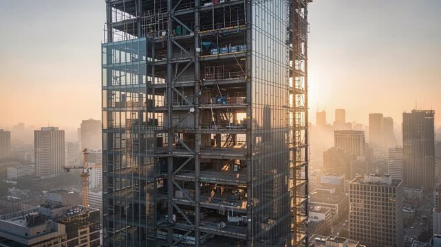 City dawn framework. Early morning reveals urban steel skyscraper skeleton