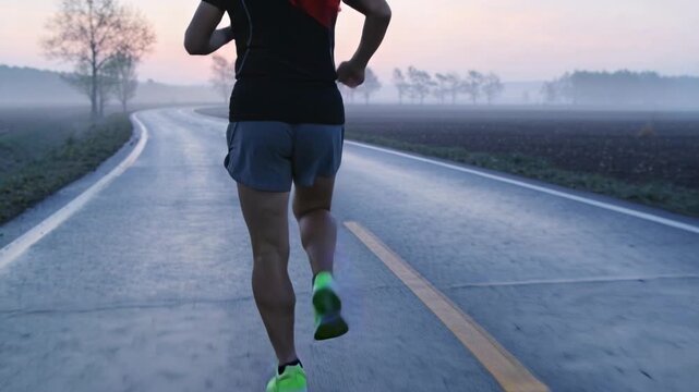 Running male reacting to dawn light, maintaining stride along wet two-lane road wearing neon shoes