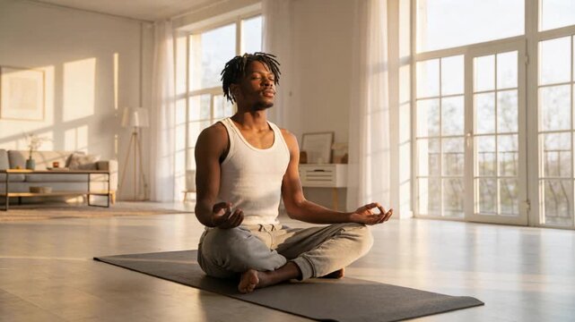 Shifting sunlight, man in white tank, gray sweatpants meditating on yoga mat seeking calm at home