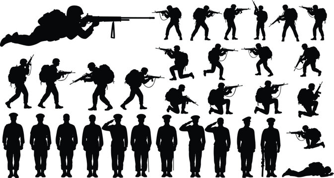 Military soldiers silhouette mega set with sniper infantry squad saluting and tactical army poses isolated on white background vector illustration.