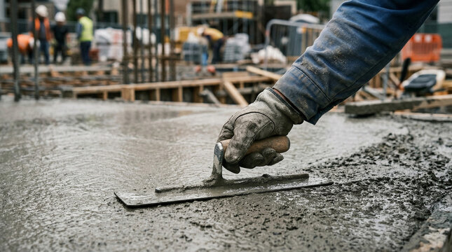 A close-up of a construction worker's gloved hand guiding a trowel to finish a concrete slab on a construction site with workers in the distance.