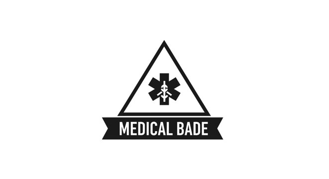 Black and white medical emblem with Star of Life symbol inside a triangle and banner, vector illustration for healthcare design.