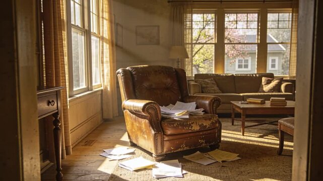 Moving camera bringing worn brown leather armchair forward in living room, showing scattered papers