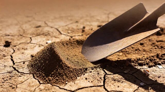 Tilting operator's rusty shovel pouring dry soil onto cracked ground, building small conical mound