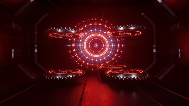 Hovering spiked rotors rotating, advancing at viewer with camera moving in red corridor, LED target