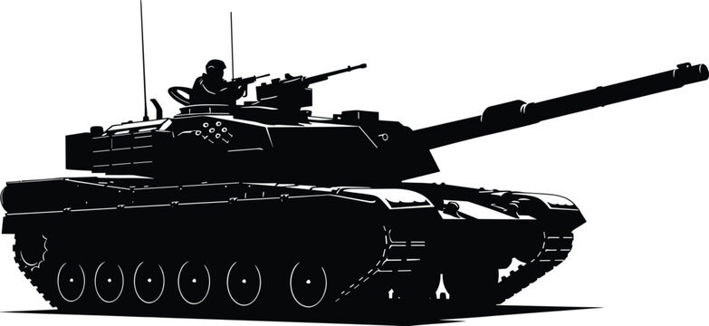 Military tank silhouette illustration with soldier, armored vehicle artwork, defense technology design concept, black and white vector template set