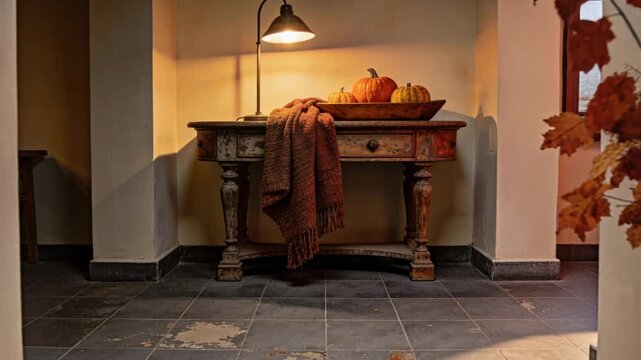 Shifting sunlight leading camera pushing toward console table in foyer, with lit lamp and pumpkins