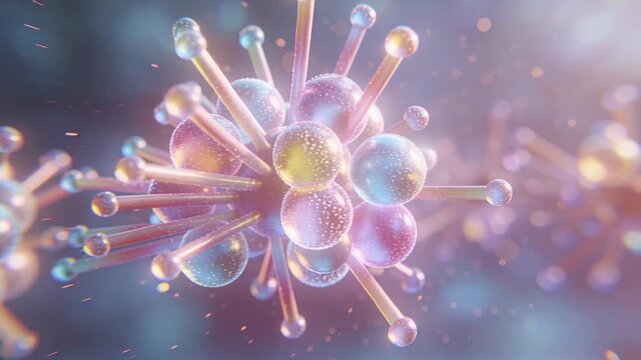 Pullback revealing rotating glossy cluster drifting in abstract field with spikes, tiny bubbles