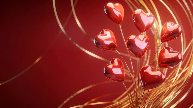 Moving red heart cluster with camera moving on studio, showing warm gold ribbon sheen, copy space
