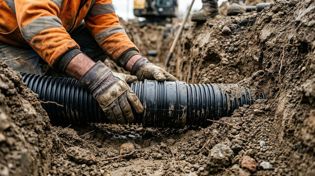 A construction worker wearing an orange -visibility jacket places a section of large black corrugated pipe into a dirt trench, preparing for installation.