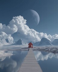 Fototapeta premium Fantasy Winter Landscape with Red Cabin, Pier, Lake, Clouds, and Moon