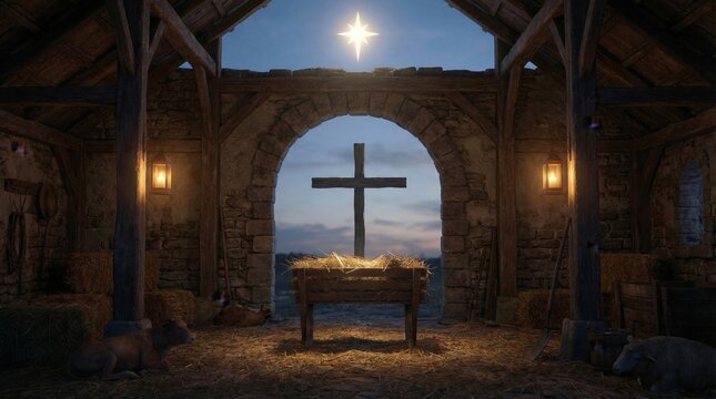 Wooden manger with cross inside stone stable at night. Bright star shining above stable. Traditional religious scene depicting Nativity and Easter holiday spiritual background concept.