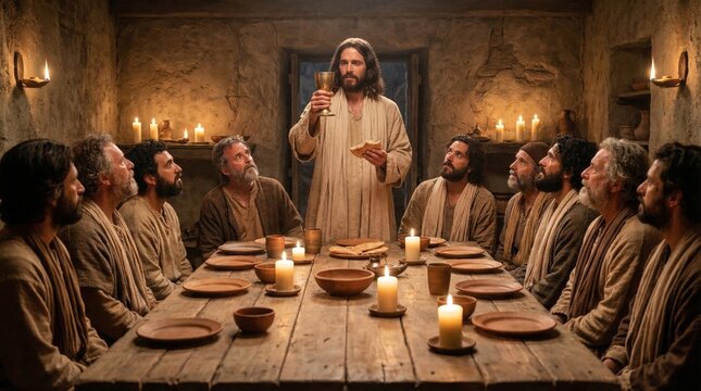 Jesus holding a golden chalice and bread while sitting at a long table with the twelve apostles. Biblical scene of the Last Supper. Religious illustration for Easter and Christianity.