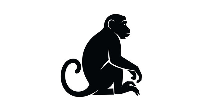 Black silhouette of a monkey sitting and looking to the side on a white background