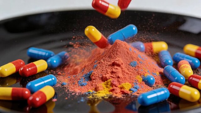 Dropping red-and-yellow and blue capsules onto powder mound on glossy plate, creating dust plumes