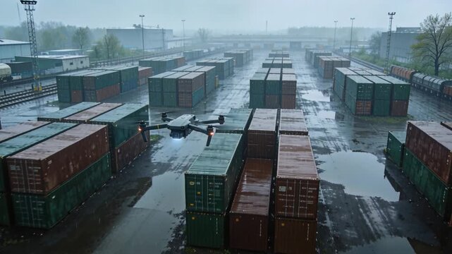 Flying small quadcopter drone entering from left, inspecting wet container yard with red nav light