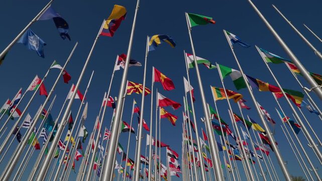 Slow panning shot of multiple international flags waving in the wind against a clear blue sky. Low angle view with dynamic motion and global unity concept.