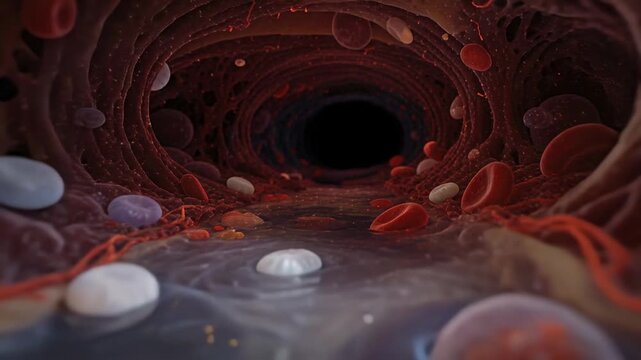 Entering camera gliding through spongy channel, showing red blood cells, white cells toward cavity