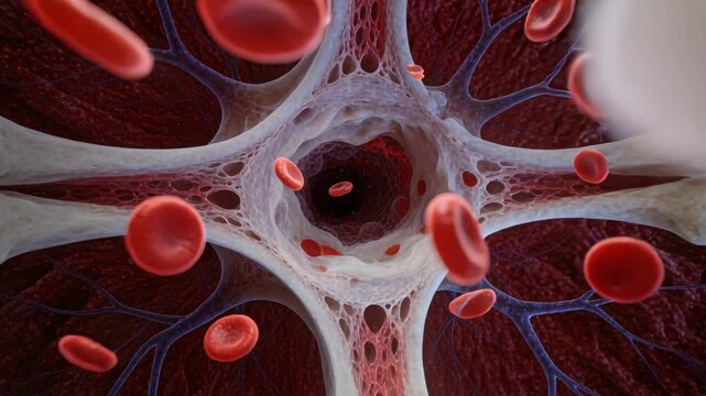 Advancing camera showing red, white cells drifting through vessel lumen and wall into capillary net
