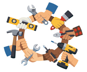 Naklejka premium Group of Diverse Hands Holding Hardware Tools in a Circle - Unity, Cooperation, and Construction Concept