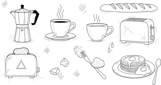 Hand drawn breakfast food and kitchen appliances set with coffee, toaster, bread, pancakes and moka pot sketch vector illustration collection