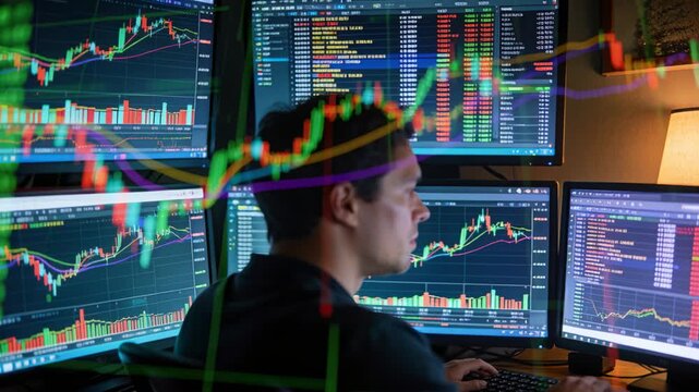 Turning after camera glance, male trader shifting gaze to monitors at home office, checking charts