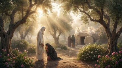 Naklejka premium Jesus standing before a woman kneeling in a garden. Resurrection of Christ with angels at the empty tomb. Biblical scene of faith and hope. Traditional religious art for Easter celebration.