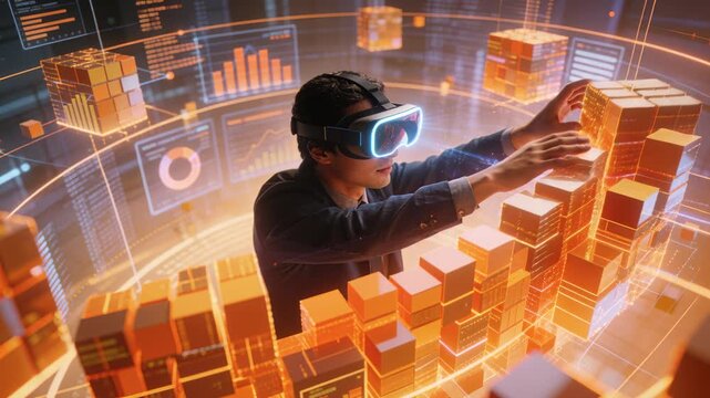 Reaching, suited analyst with VR headset sliding cube stacks in data lab, reordering dashboards