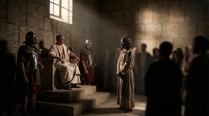 Naklejka premium Jesus standing before Pontius Pilate in ancient roman courtroom. Roman governor sitting on throne with soldier guard. Biblical trial scene, religious event, historical drama concept.